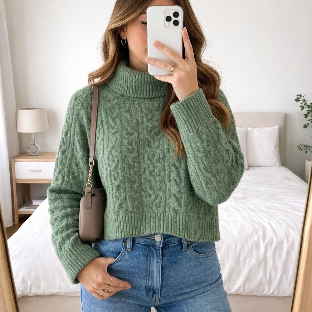 NWT Forever 21 Cable Knit Turtleneck Sweater Sea Green‎ XL